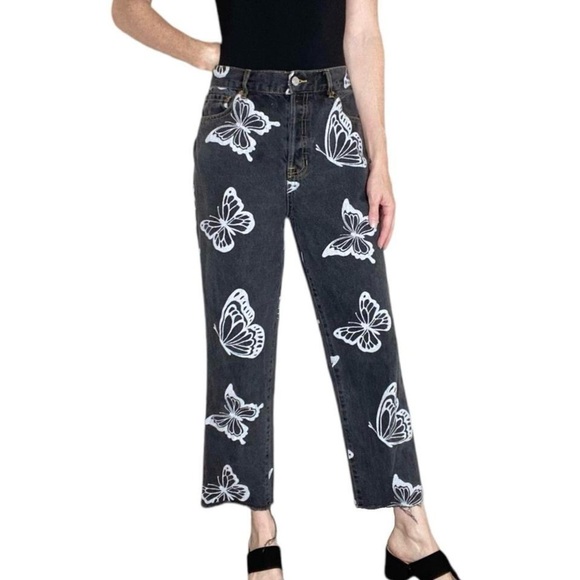 Pacsun Black & White Butterfly High Rise Cropped Jeans - Picture 1 of 7